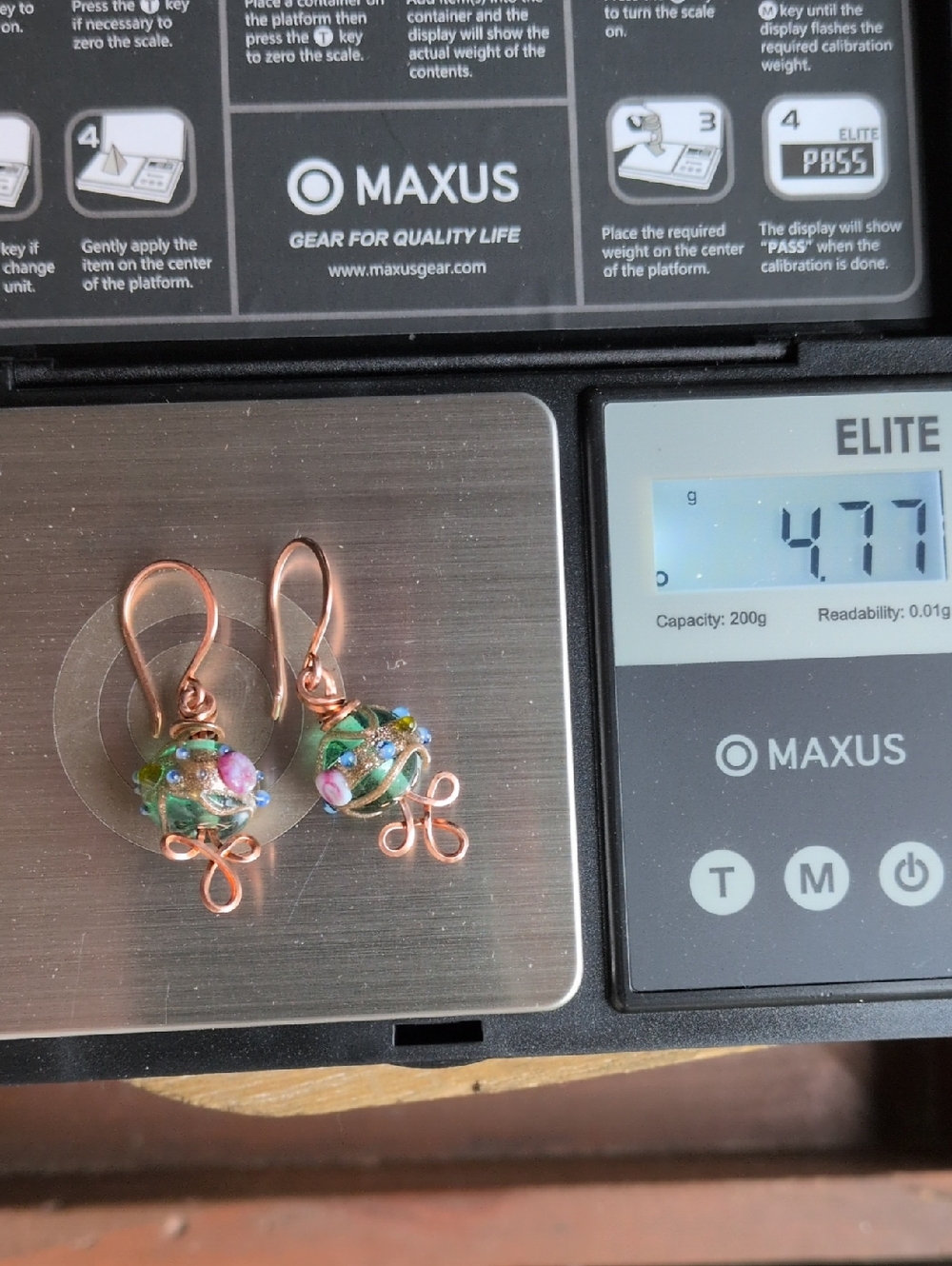 Venetian Emerald Glass Bead Earrings Copper Wire Wrap Colorful Handmade - Picture 13 of 14
